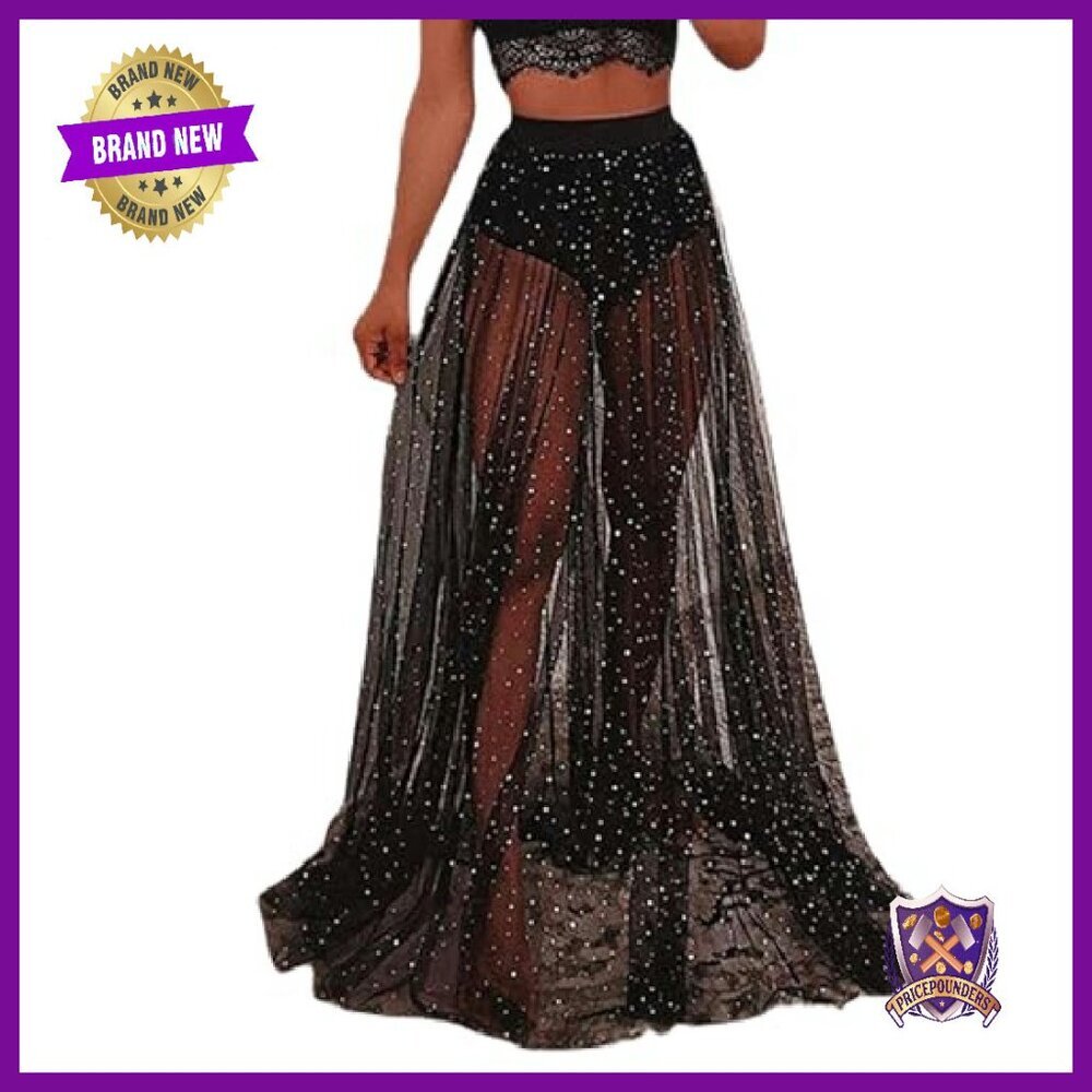 2 in 1 Tulle Sequin Maxi Skirt with Shorts, Rave Festival Sparkly Costume - Picture 2 of 7